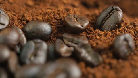 Donli close-up of coffee beans and raw coffee powder Stock Footage 221786788