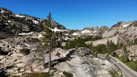 Donner Summit Pull Back with Single Car on HWY 40 - Aerial Drone Stock Footage 111246858