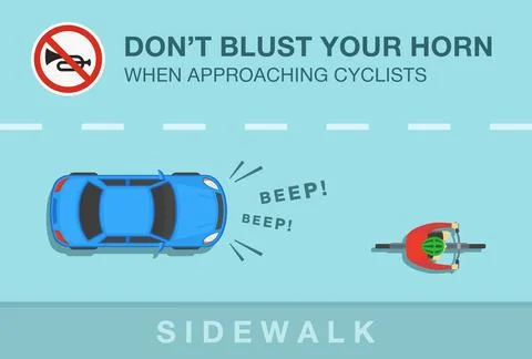 Don't blust your horn when approaching cyclists. Car driver is honking horn. Stock Illustration