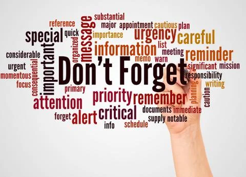 Don't Forget word cloud and hand with marker concept Stock Photos