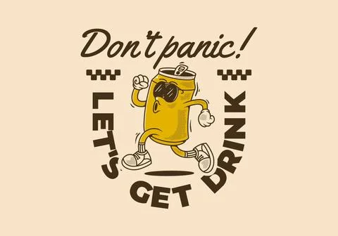 Don't panic, let's get drink. Mascot character design of can drink in runni.. Stock Illustration