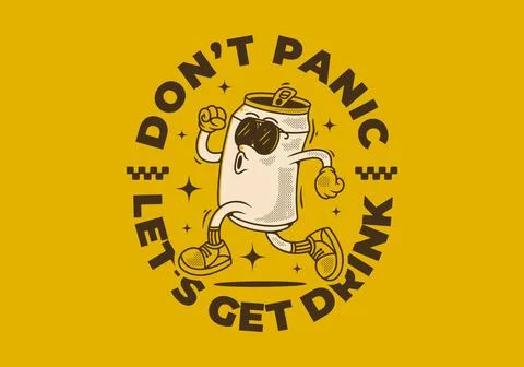 Don't panic, let's get drink. Mascot character design of can drink in runni.. Stock Illustration