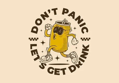 Don't panic, let's get drink. Mascot character design of can drink in runni.. Stock Illustration