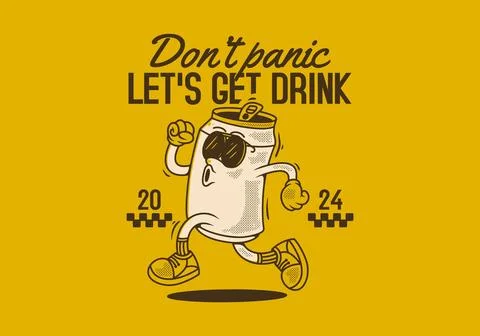 Don't panic, let's get drink. Mascot character design of can drink in runni.. Stock Illustration