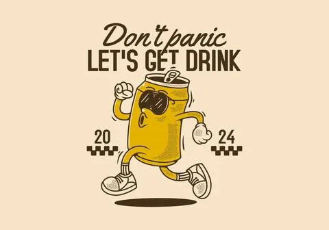Don't panic, let's get drink. Mascot character design of can drink in runni.. Stock Illustration