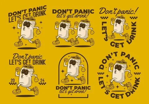 Don't panic, let's get drink. Mascot character design of can drink in runni.. Stock Illustration