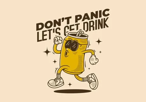 Don't panic, let's get drink. Mascot character design of can drink in runni.. Stock Illustration