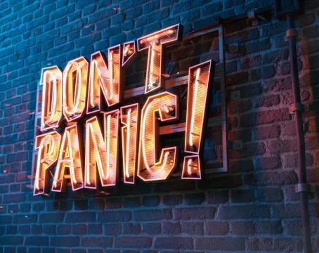 Don't Panic. Slogan on Neon Light Billboard Stock Illustration