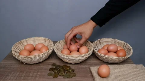 Don't put all your eggs in one basket concept. eggs in a rattan basket Stock Footage 233518524