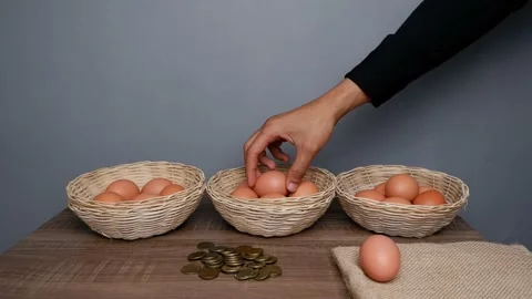 Don't put all your eggs in one basket concept. eggs in a rattan basket Stock Footage 233518577