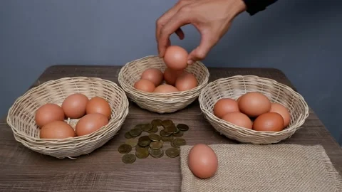 Don't put all your eggs in one basket concept. eggs in a rattan basket Stock Footage 233518821