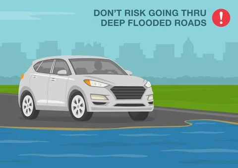 Don't risk going thru deep flooded road. White suv stopped at flooded road. Stock Illustration