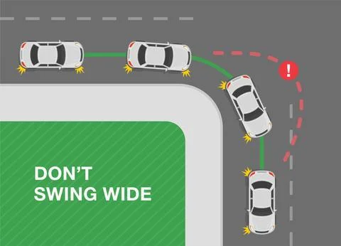 Don't swing wide. Top view of white sedan car turning right on crossroad. Stock Illustration