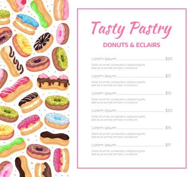 Donut and Eclair Menu Banner Design with Sweet and Yummy Creamy Food Vector Stock Illustration