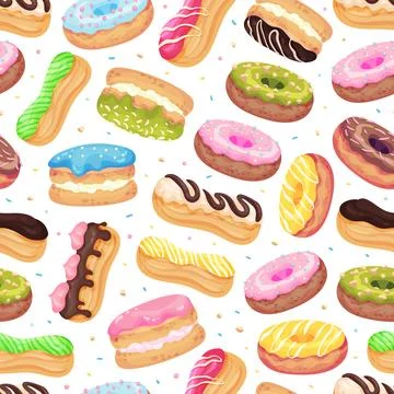 Donut and Eclair Seamless Pattern Design with Sweet and Yummy Creamy Food Vector Stock Illustration