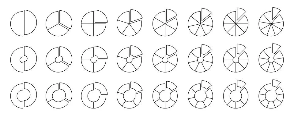 Donut and pie chart with cut slices. Wheel and circle diagrams with set. Outline Stock Illustration