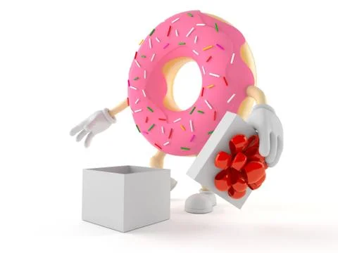 Donut character with open gift Stock Illustration