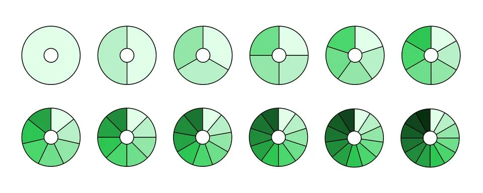 Donut chart segments collection. Wheel diagrams set in green shades color Stock Illustration
