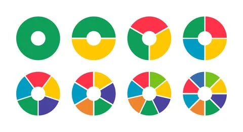 Donut charts, pies segmented on from 1 to 8 equal parts. 스톡 일러스트