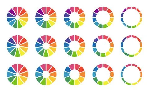 Donut charts, pies segmented on 10, 11, 12 equal parts. Wheels divided Stockillustratie