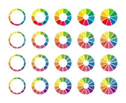 Donut charts, pies segmented on 9, 10, 11, 12 equal parts. Wheels divided Stock Illustration