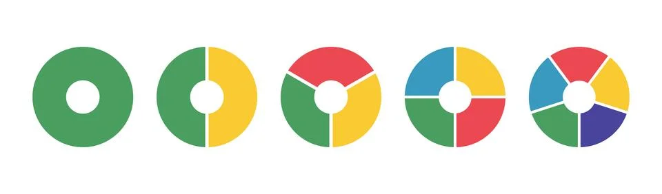 Donut charts, pies segmented on equal parts set. Diagrams infographic Stock Illustration