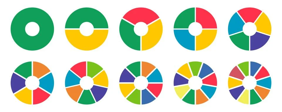 Donut charts, pies segmented on equal parts from 1 to 10. Stock Illustration