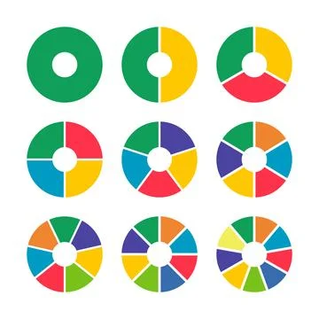 Donut charts. Pizza, pie segmented on from 1 to 9 equal parts. 스톡 일러스트