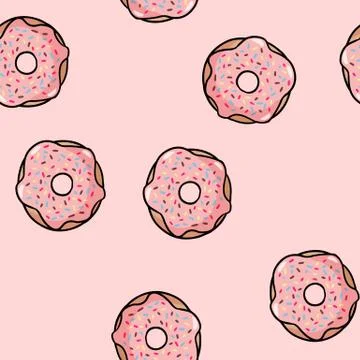 Donut doodle seamless pattern. Pink donut with topping on pink background. Cu Stock Illustration