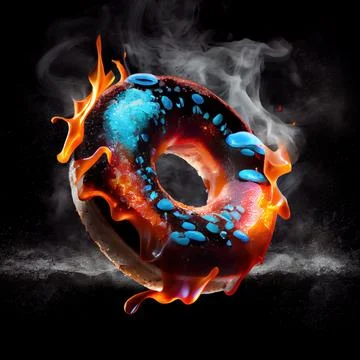 A donut in fire flames on black background. Stock Illustration