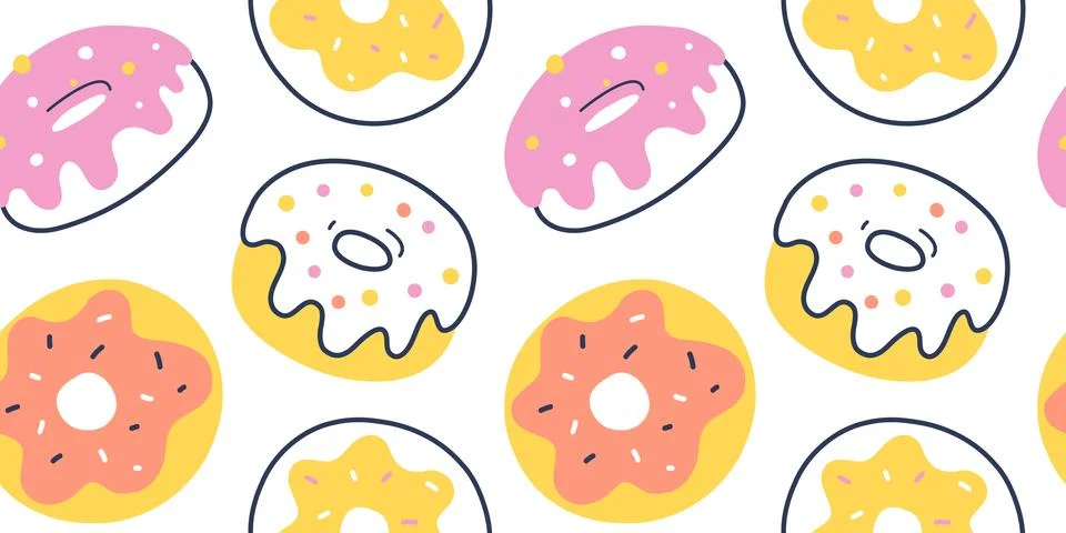 Donut pattern, various glazed donuts with sprinkle, seamless vector background Stock Illustration