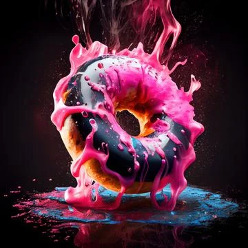 A donut with pink icing splashes on black background. 스톡 일러스트