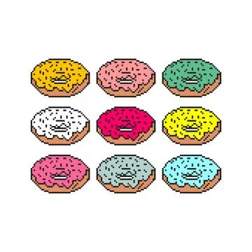Donut pixel art set. 8 bit food Sweetness. pixelated Vector illustration Stock Illustration