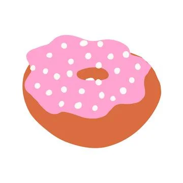 Donut ring in cartoon flat style. White balls on a pink cream with toasted .. Stock Illustration