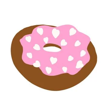 Donut ring in cartoon flat style. White hearths on a pink cream with chocol.. Stock Illustration