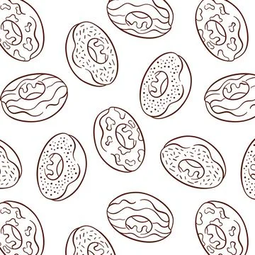 Donut seamless pattern in line art style. Hand drawn background with sweets and Stock Illustration