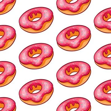 Donut seamless pattern with pink icing in cartoon style. Simple cupcake line Stock Illustration