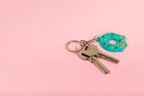 Donut shaped keychain with key ring on background. Stock Photos