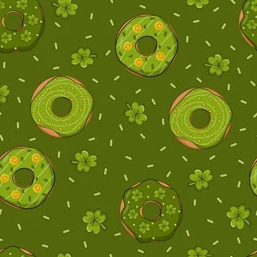 Donut themed pattern on dark green background with clover and shamrocks for.. Stock Illustration