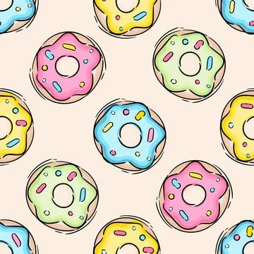 Donut vector seamless pattern, endless background. Cute, colorful and glossy Illustrazione stock