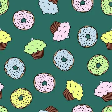 Donuts and cupcakes seamless pattern, hand draw illustration isolated dark green Stock Illustration
