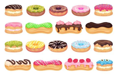 Donuts and Eclair as Choux Dough Pastry with Cream Filling and Sugar Glaze Big Stock Illustration