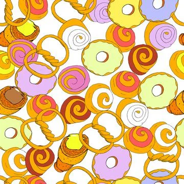 Donuts and pastry seamless vector flat pattern. Endless funny vector sweet il Stock Illustration