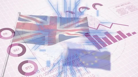 Donuts appearing, UK flag sending data lines linking EU shadow, bars rising Stock Footage 334788873