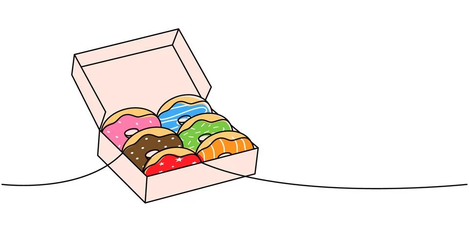 Donuts in a box one line colored continuous drawing. Bakery sweet pastry food Stock Illustration