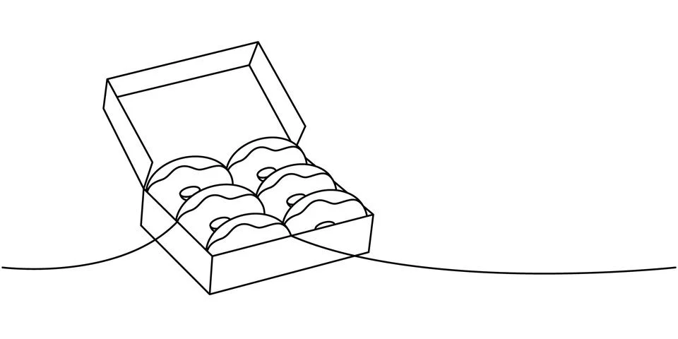 Donuts in a box one line continuous drawing. Bakery sweet pastry food. Vector Stock Illustration