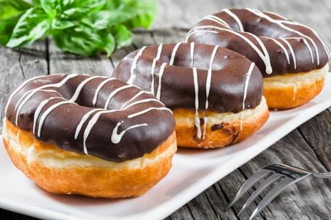 Donuts with Chocolate Icing, close-up, macro Stock Photos