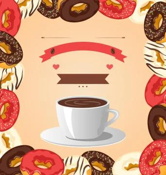 Donuts with cup of coffee on beige Stock Illustration