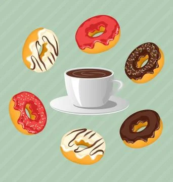 Donuts with cup of coffee on blue Stock Illustration