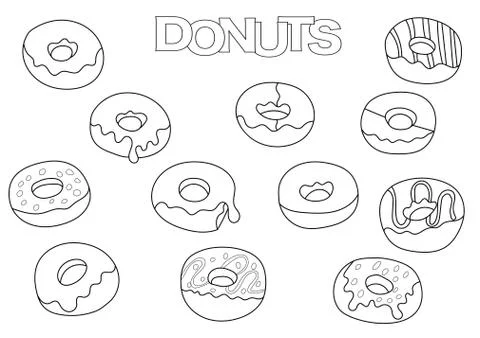 Donuts elements hand drawn set. Coloring book template.  Outline doodle Illustrazione stock